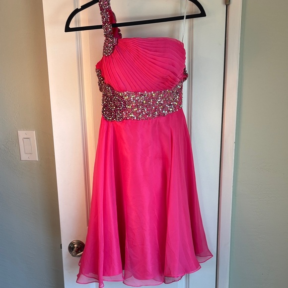Sherri Hill Pink One-Shoulder Embellished Cocktail Prom Dress Size 8 - Picture 1 of 11